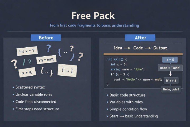 Comparison of code structure before and after a free pack intervention on a dark background.