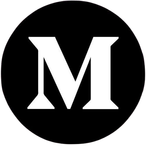Black circle with a white 'M' in the center