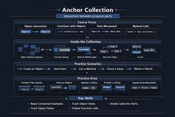 Educational diagram on program parts interaction with text and icons on a dark background
