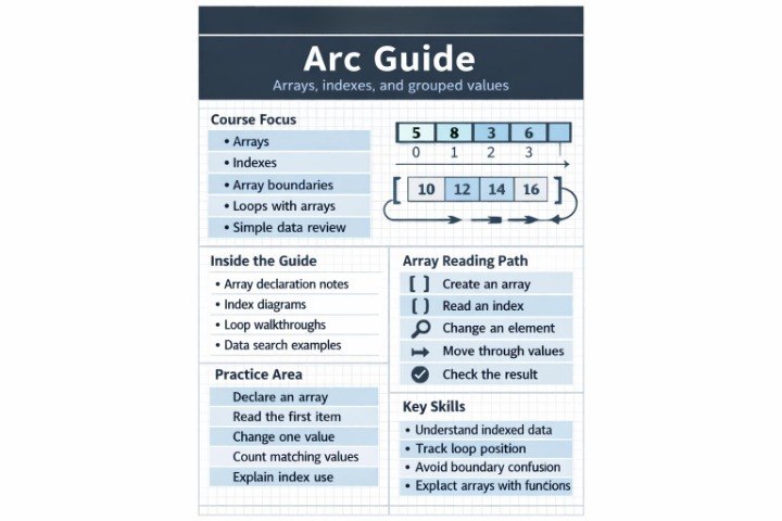 Arc Guide for arrays, indexes, and grouped values with a focus on course content and practice areas.