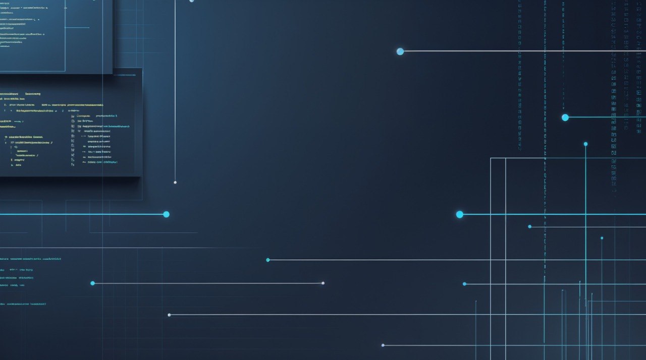Technical design with lines and code on a dark blue background