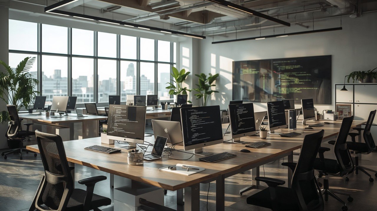 Modern office with rows of desks, computers, and large windows overlooking a cityscape.