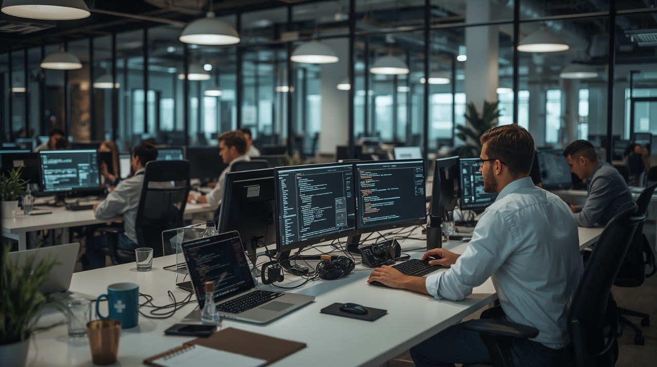 People working at computers in a modern office setting