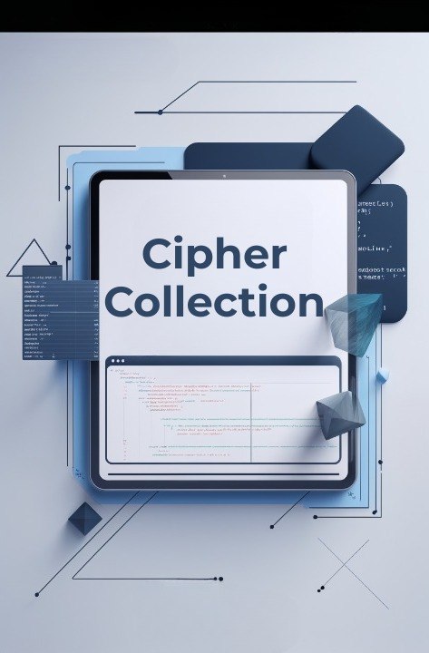 Tablet with 'Cipher Collection' text on a blue geometric background