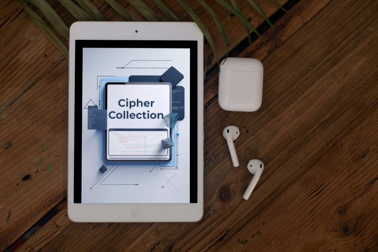 Tablet displaying 'Cipher Collection' on a wooden surface with AirPods.