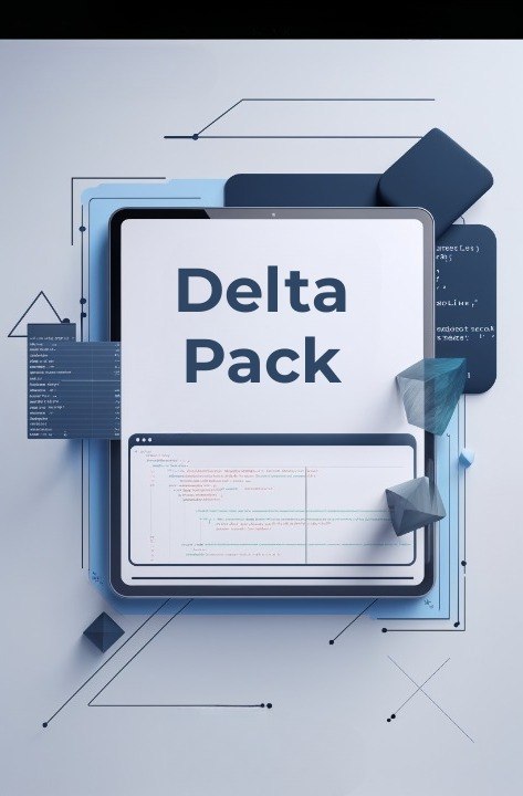 Digital graphic with 'Delta Pack' text on a tablet screen, surrounded by technical graphics on a light blue background.