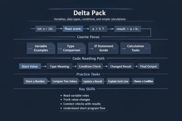 Educational diagram titled 'Delta Pack' with programming concepts on a dark background
