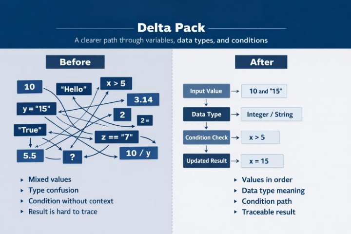 Diagram comparing 'Before' and 'After' states of code with variables and data types on a blue background.