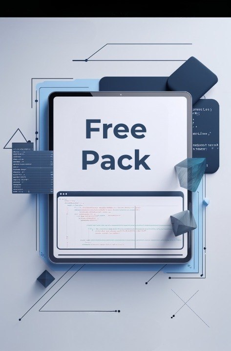 Digital device displaying 'Free Pack' on a blue geometric background