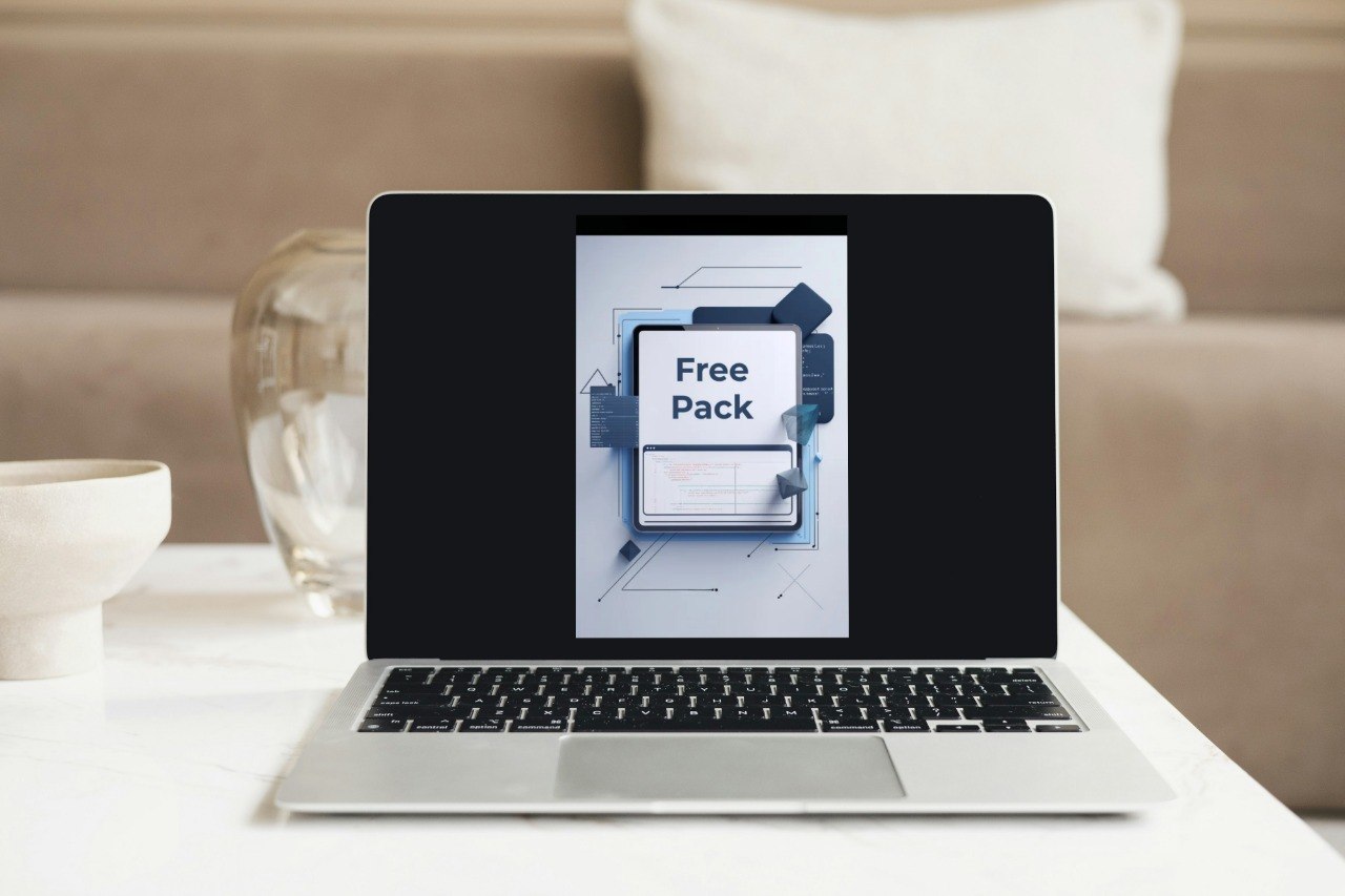 Laptop on a table with a screen displaying a 'Free Pack' offer, blurred background