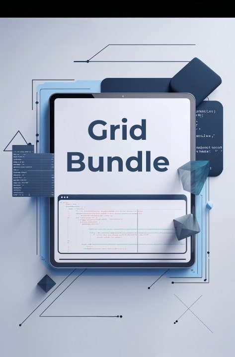 Digital design with 'Grid Bundle' text on a tablet screen against a light blue background with geometric shapes.