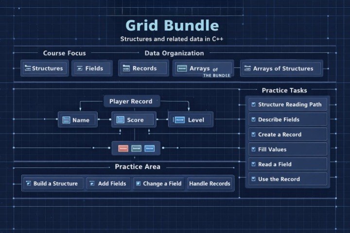 Educational diagram about grid bundle structures and data organization in C++ on a blue background.