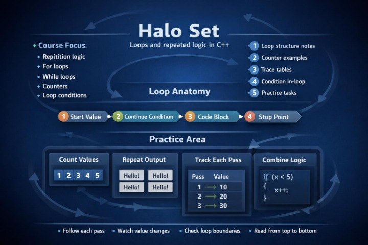 Educational diagram of a 'Halo Set' with loop anatomy and practice area on a dark blue background.