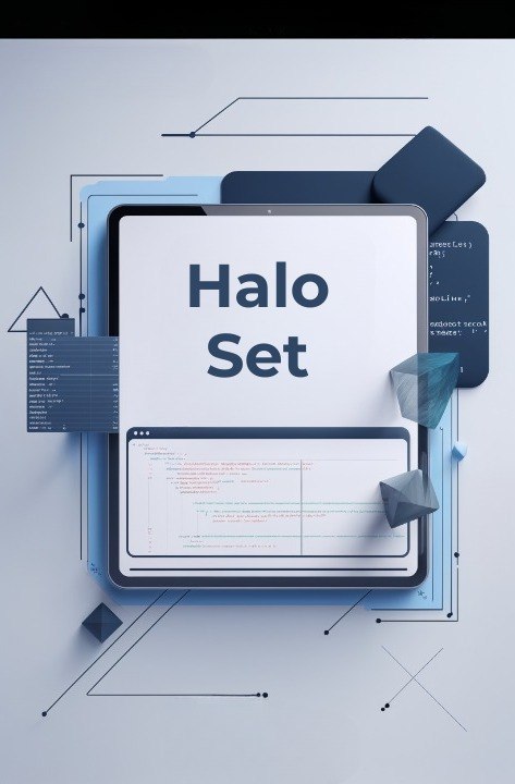 Digital design of a tablet with 'Halo Set' text on a light blue background with geometric shapes.