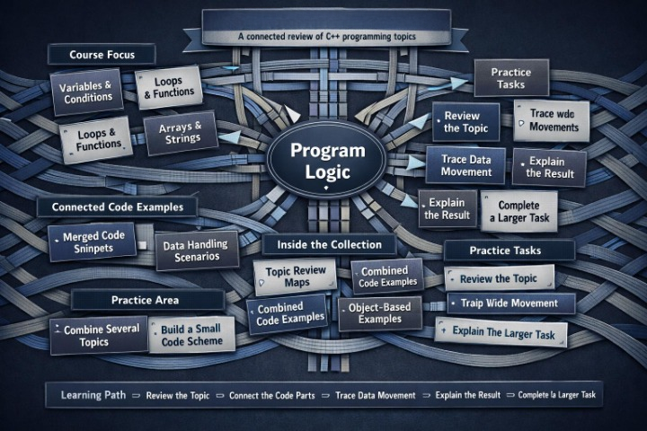 Diagram of program logic with interconnected nodes on a dark background