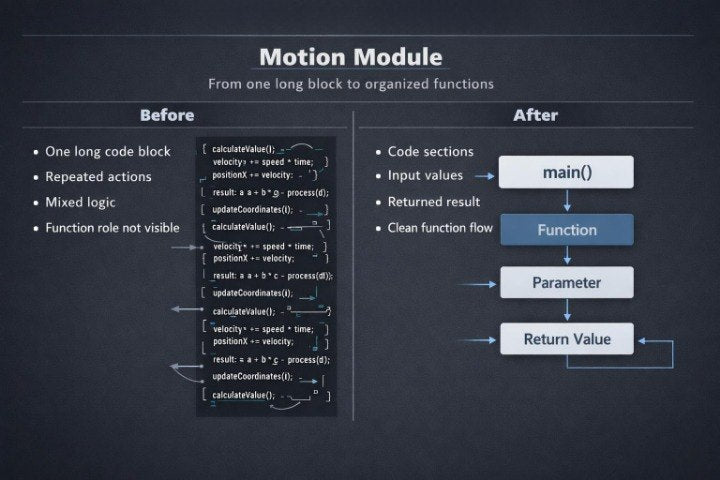 Diagram showing the transformation of a long code block into organized functions with labeled components.