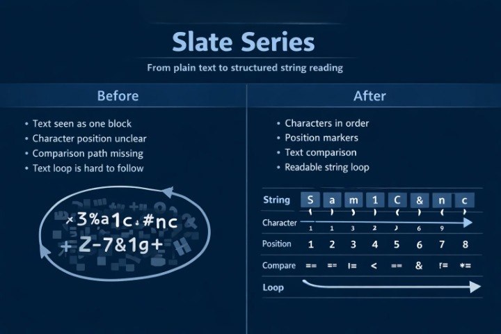 Comparison of text before and after processing with 'Slate Series' software on a dark blue background.
