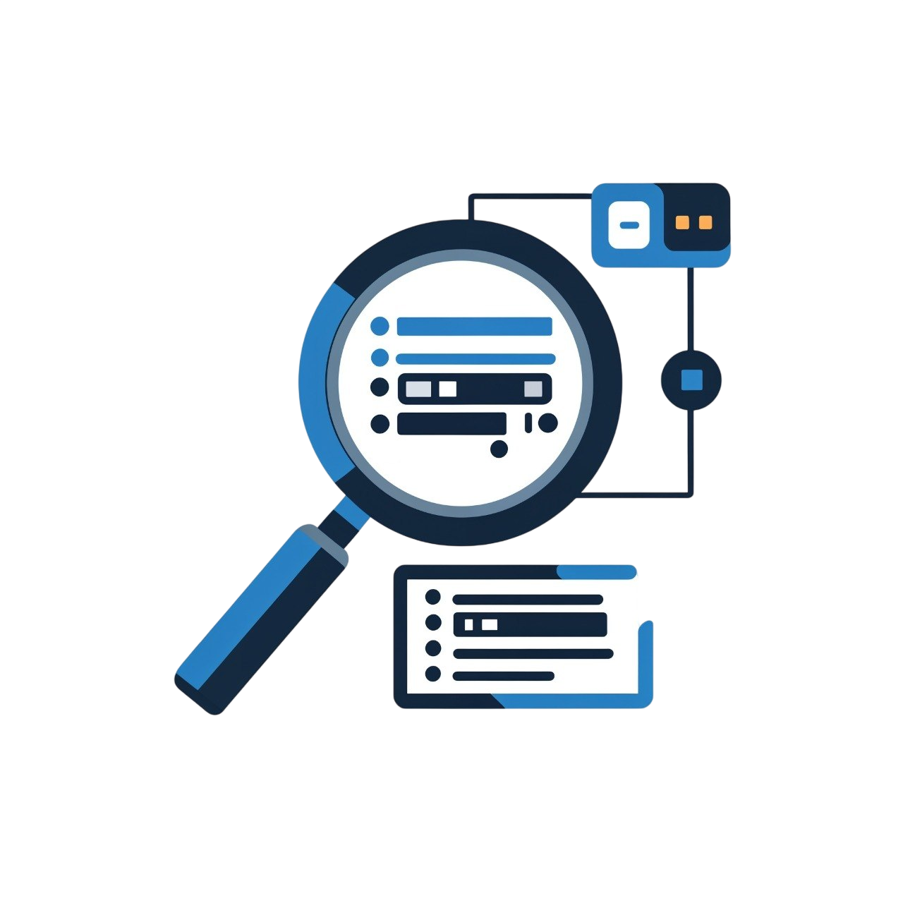 Icon of a magnifying glass inspecting a list on a white background