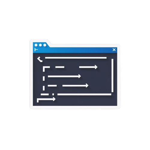 Icon of a computer window with text and arrows on a white background