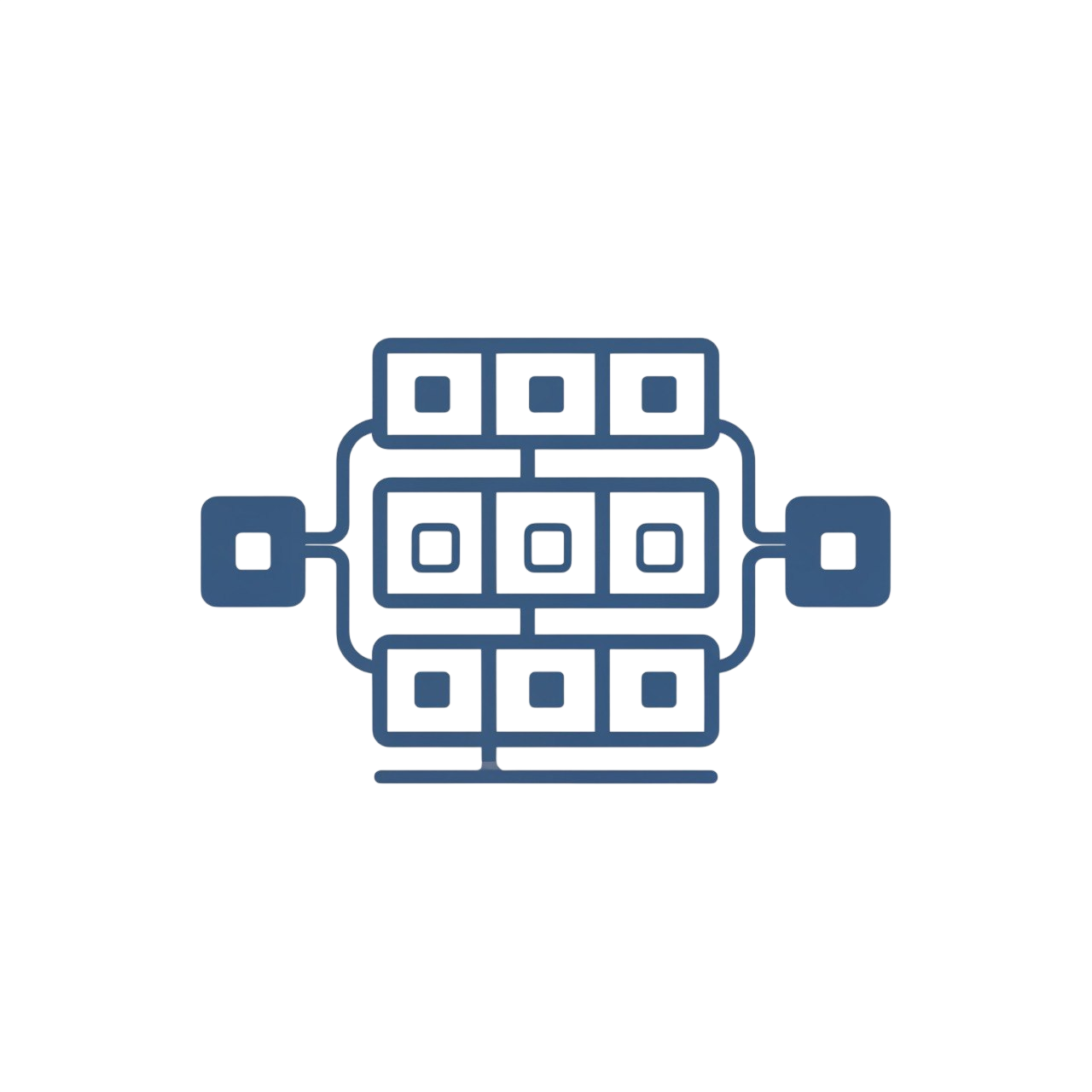 Blue icon of a network or system diagram on a white background