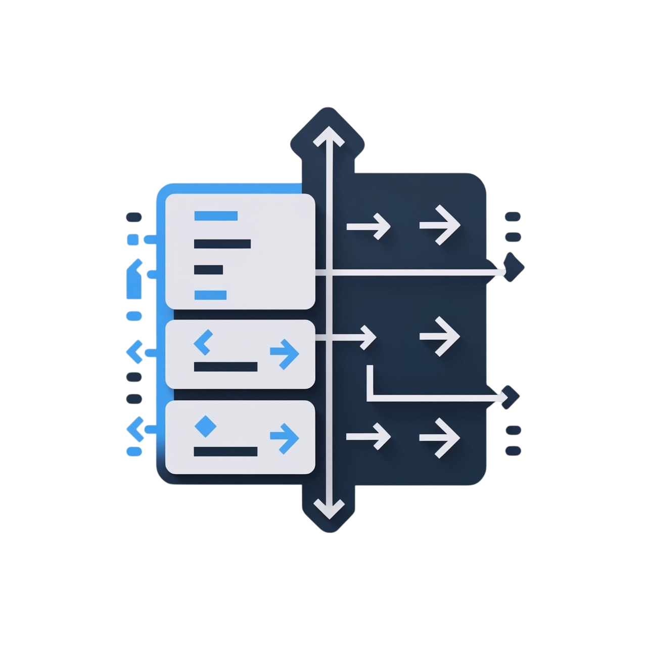 Icon of a digital interface with text and arrows on a white background