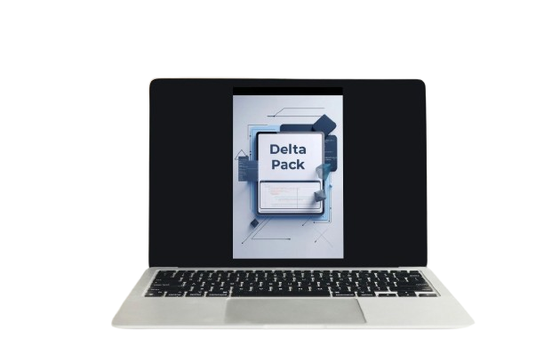 Laptop displaying a 'Delta Pack' graphic on a white background